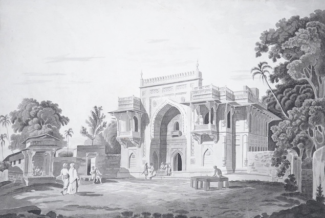 Manner of William Daniell RA (1769–1837), monochrome watercolour, Indian temple, 31 x 44.5cm. Condition - good